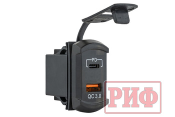 Розетка USB Type PD, QC 3.0 с вольтметром, синяя подсветка